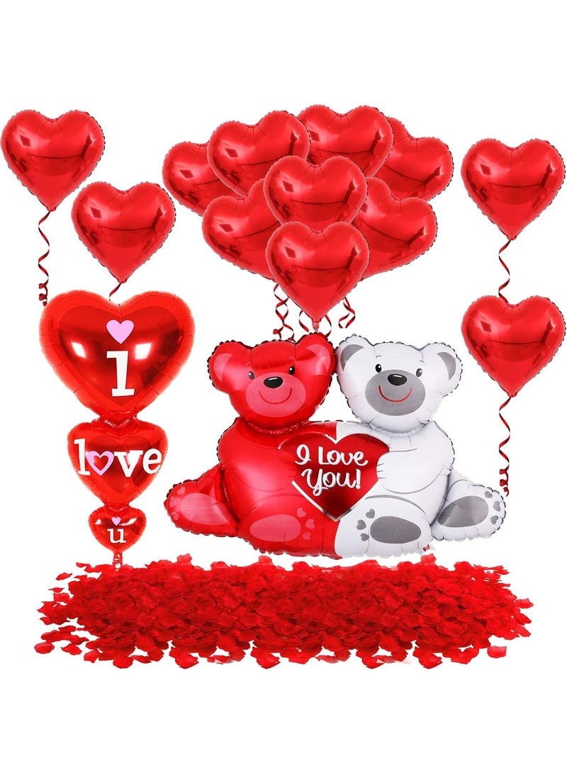 طقم بالون دب تيدي أحبك – مقاس 40 بوصة | عبوة بتلات ورد حمراء عدد 1000 قطعة، بالون قلب أحمر لتزيين الليالي الرومانسية والمناسبات الخاصة | مناسب لتزيين حفلات الزفاف، الذكرى السنوية، وحفلات الخطوبة